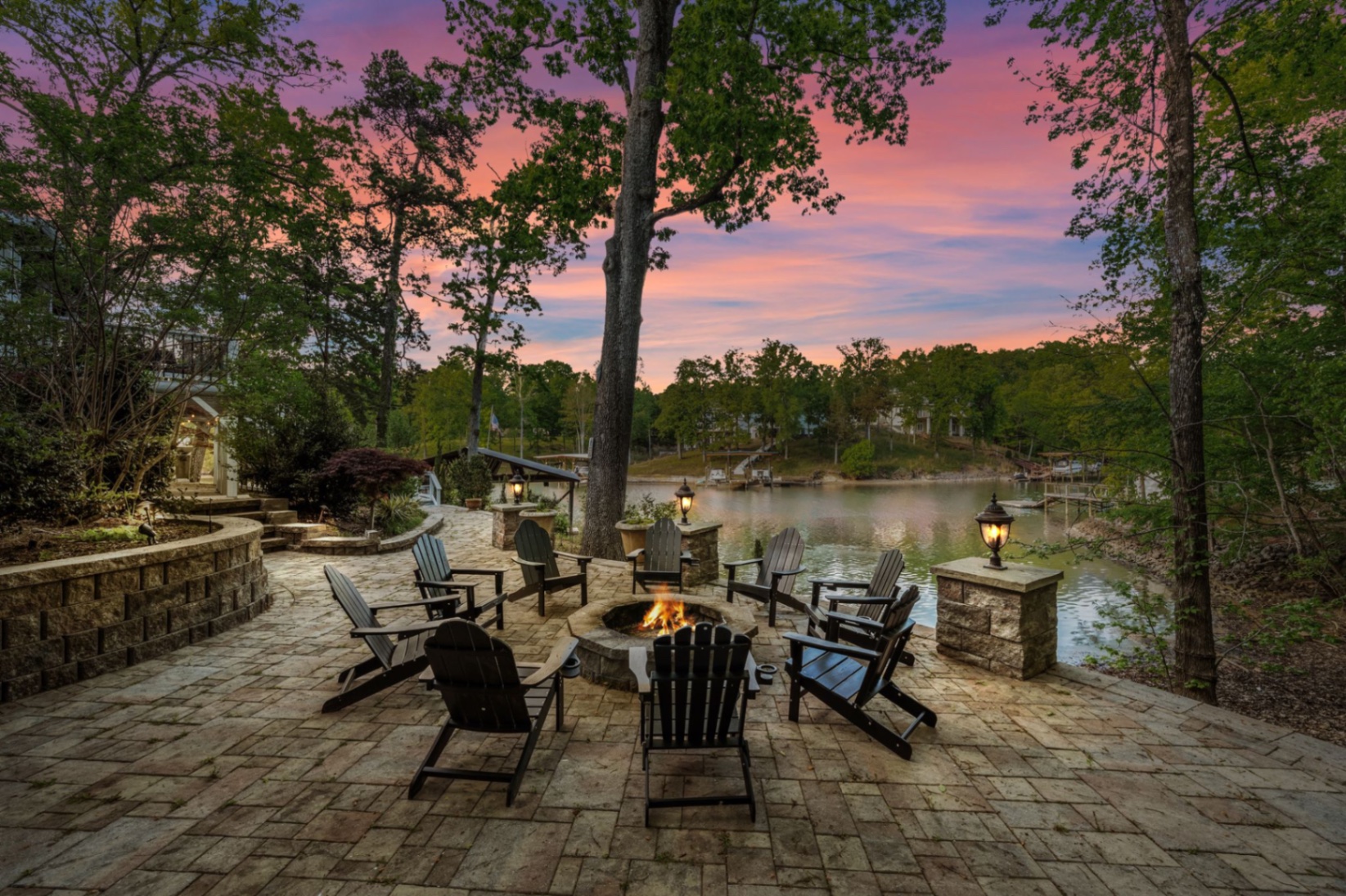 Lakefront patio with water views and screened seating